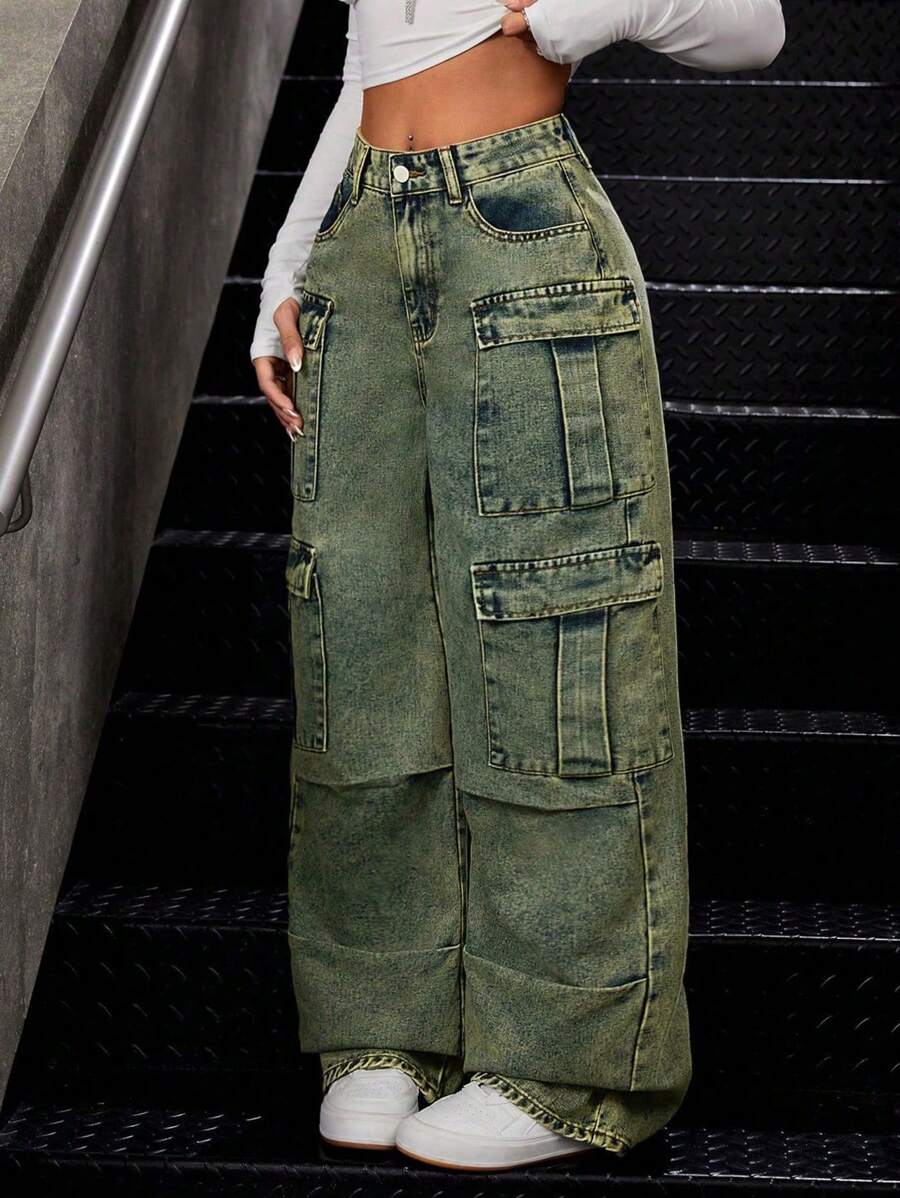 SHEIN ICON Quý cô Cargo Denim Quần jean - Màu xanh lam - Xem 1