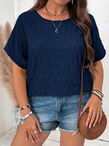 SHEIN VCAY Plus Size Textured Bat Wing Short Sleeve Round Neck Shirt