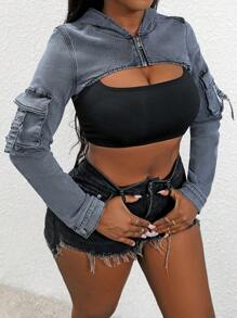 SHEIN Slayr Women's Spring&Autumn Utility Pockets Short Hooded Denim Jacket - Grey - View 7