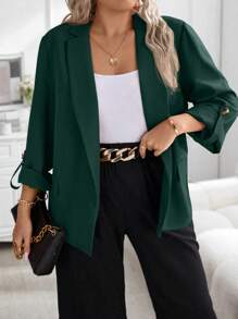 Celure Chaqueta de blazer elegante de oficina de unicolor con mangas con puño para mujeres de talla grande, primavera otoño - Verde Oscuro - Ver 1