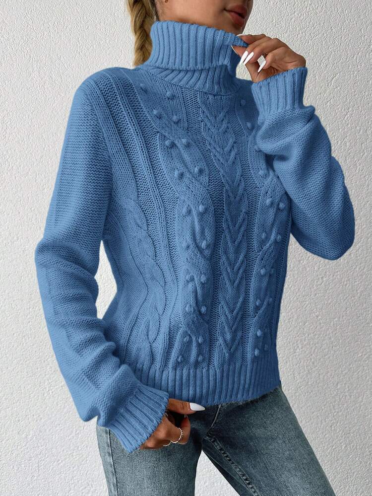 EURMUSE Women's Solid Color Turtleneck Cable Texture Casual Long Sleeve Sweater - Blue - View 3