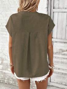 EMERY ROSE Áo sơ mi ngắn tay đơn giản hàng ngày màu trơn cho nữ - xanh quân đội - Xem 2