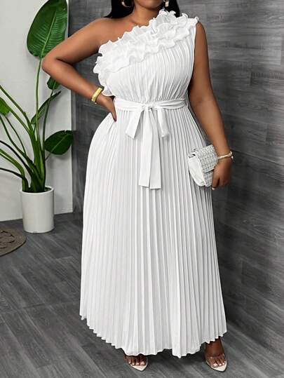 Slaydiva Plus Size Elegant Banquet Asymmetrical Shoulder Ruffle Waist Pleated Apricot Summer Dress,Graduation Dress