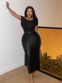 Slaydiva Plus Black Elastic Leather Pencil Skirt - Black - View 3