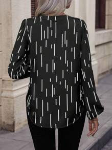 SHEIN Clasi 女士休闲条纹缺口领衬衫 - 春/秋，黑白衬衫 - 黑色 - 查看 2