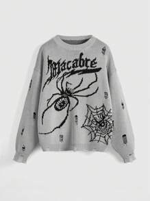 ROMWE Grunge Punk Suéter de punto con estampado de tela de araña desgastado para mujer para Halloween - Gris - Ver 1