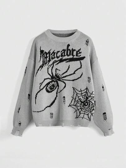Grunge Punk Tricot femme décoloré avec imprimé toile d'araignée pour Halloween