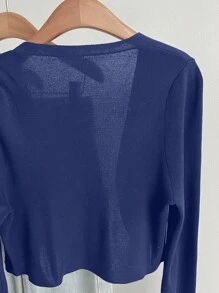 SHEIN Essnce 大码女式纯色长袖休闲开衫，秋冬款 - 寶藍色 - 查看 3