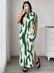 SHEIN EZwear 大码女式夏季图案印花圆领短袖休闲侧开衩下摆连衣裙 - 綠色 - 查看 3