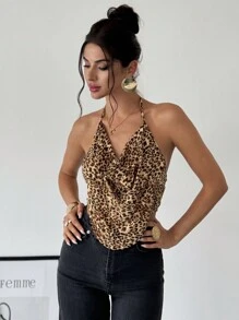 Firerie 豹纹深 V 领垂坠露背优雅性感派对吊带上衣 - 咖啡棕 - 查看 1