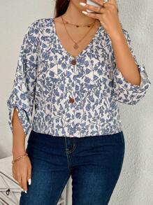 SHEIN LUNE Blusa suelta de manga 3/4 con cuello en V y estampado floral para mujer talla grande, blusa con botones de primavera y otoño para mujer, blusa con botones para mujer, blusa informal para trabajo de mujer, blusa de negocios - Celeste - Ver 6