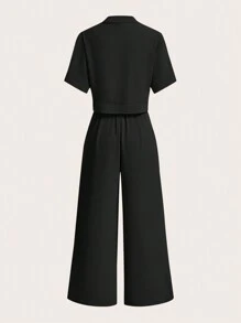 SHEIN Clasi 2pcs/Set Women Cropped Shirt With High-Waist Pocket Pants - Black - View 2