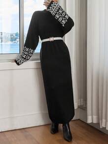 EURMUSE Sleeves Patterned Dress Fall Winter - Black - View 4