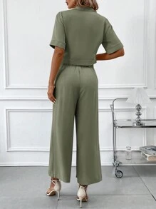 SHEIN Clasi 2 件女式领口腰线口袋短款衬衫和阔腿裤套装 - 軍綠色 - 查看 5