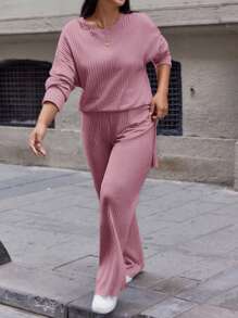 EURMUSE Plus Size Women's T-Shirt With Split Hem And Pants Set - Pink - View 3