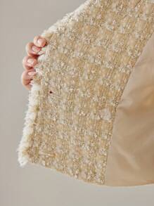 MOTF PREMIUM TWEED PLAID PATTERN LAPEL COLLAR RAW EDGE CROP BLAZER - Khaki - View 8