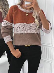 EMERY ROSE Women's Autumn Winter Contrast Color Round Neck Raglan Long Sleeve Loose Casual Sweater, Knit Pullover Fall - Multicolor - View 3