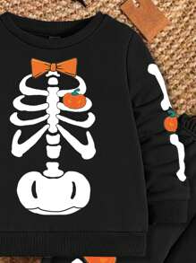 SHEIN Disfraz de Halloween de esqueleto, calabazas, murciélago, arañas, conjunto de sudadera de punto suave de cuello redondo, ajuste relajado y engrosado para bebé niño pequeño en otoño/invierno - Negro - Ver 3