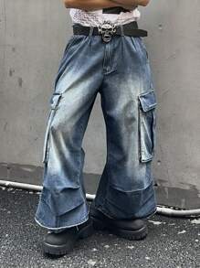 Manfinity Roghcode Men's Washed Faded Denim Jeans - Blue - View 4