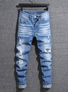 Manfinity Roughcore Men's Distressed Denim Jeans With Cat Whiskers - Blue - View 1