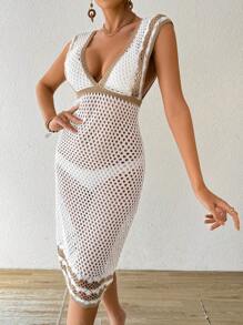 SHEIN Swim 2024 夏季新款优雅镂空 V 领撞色女式罩衫连衣裙 - 彩色 - 查看 4