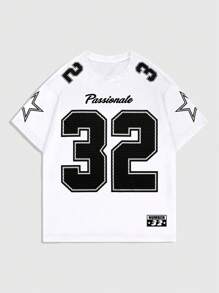 ROMWE MEN Prep Men's Summer Casual Letter Print Crew Neck Short Sleeve Football Jersey Style T-Shirt ,Graphic Tee