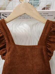 Young Girl Brown Strap Dress, Made Of Classic Corduroy Fabric, Stylish And Warm. The Strap And Ruffle Design Add Sweetness, Suitable For Casual Daily Wear And Outdoor Activities, Fit For Autumn/Winter Season