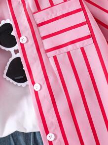 Girls' Pink Striped Simple Fashion Stand Collar Button Up Long Sleeve Coat - Pink - View 5