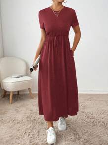 SHEIN Essnce 女士纯色圆领扭纹前口袋短袖夏季连衣裙 - 酒紅色 - 查看 3