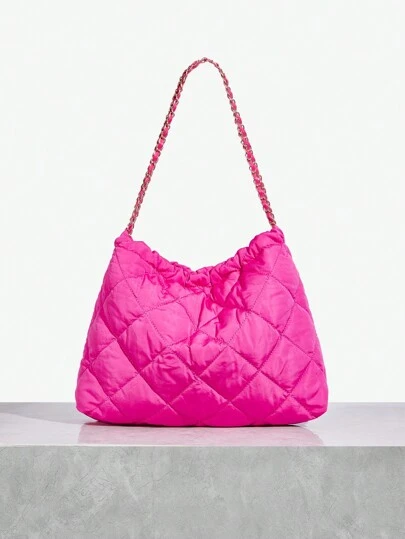 SHEIN SXY Ladies, Women Shoulder Bag, Tote Bag, Fashionable, Elegant, Personalized, Versatile, Argyle Check, Hot Pink, For Classic, Commute, Office, Date, Daily, Shopping, Afternoon Tea