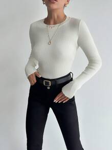 EURMUSE Solid Ribbed Knit Jumper - White - View 3