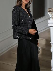 Aveloria Elegant Women's Sequin Decorated Tweed Jacket - Black - View 6