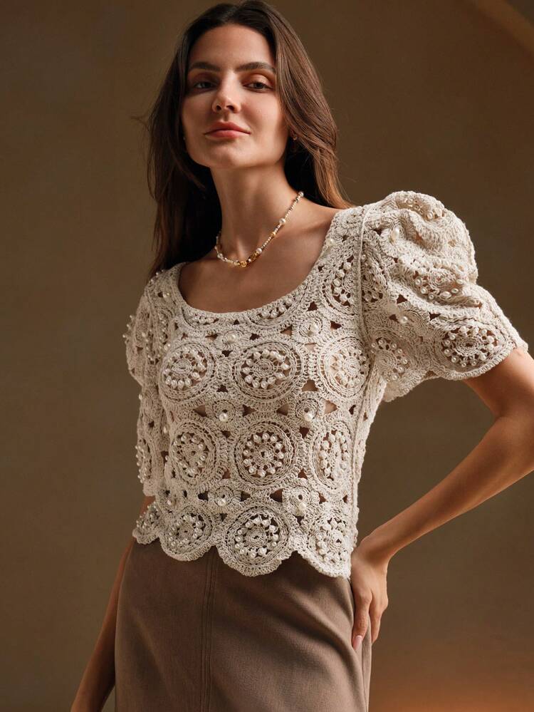 Women Square Neck Floral Hollow Crochet Puff Sleeve Elegant Resort T-Shirt