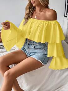 Rafferiza 1pc Women's Open Shoulder Ruffled Collar Long Sleeve Blouse Off The Shoulder Top Fall Cloth For Women - Yellow - View 3