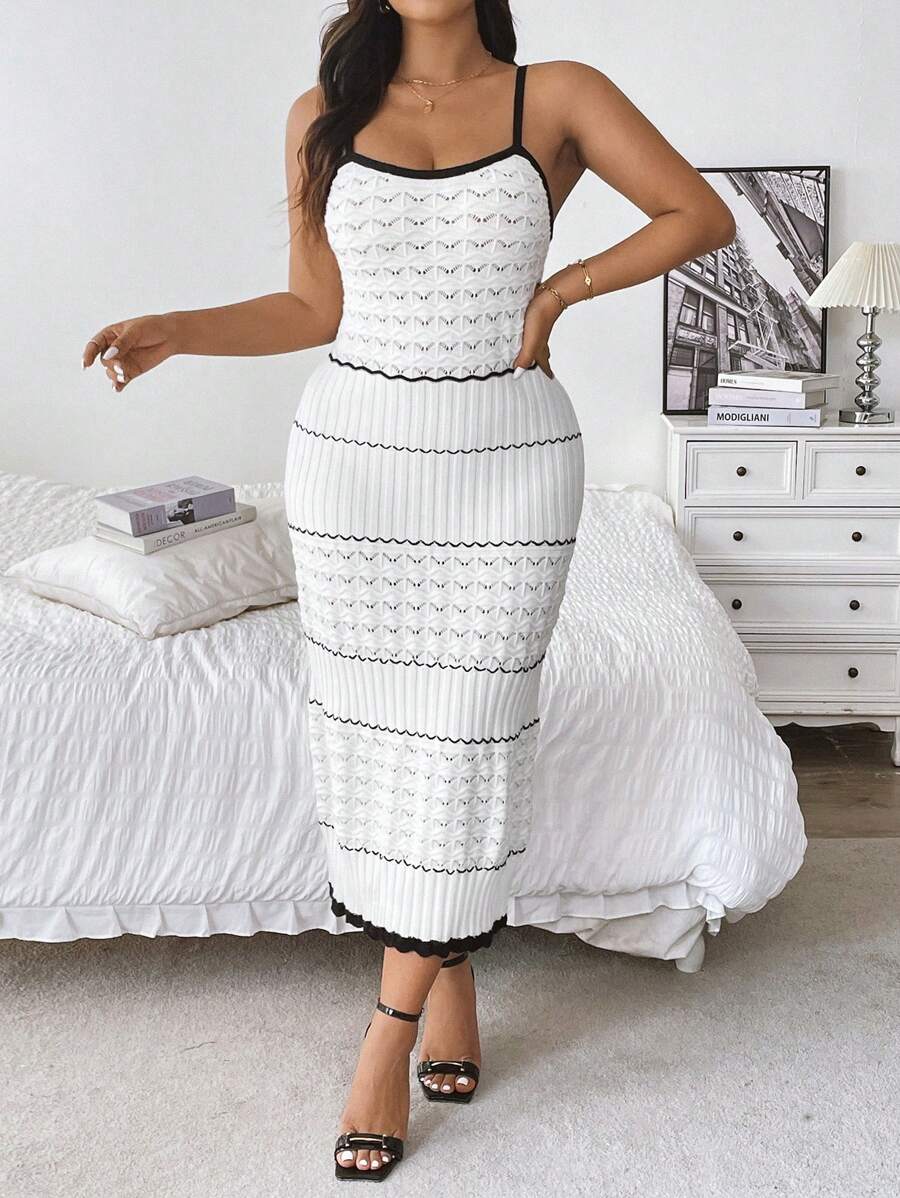 Franclia 大码拼色针织细肩带毛衣连衣裙 - 黑與白 - 查看 1