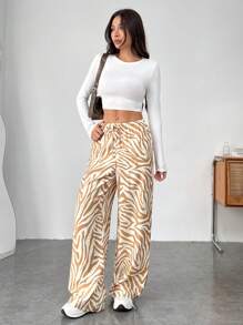 SHEIN EZwear 女士时尚斑马纹阔腿裤 - 卡其色 - 查看 4