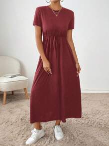 SHEIN Essnce 女士纯色圆领扭纹前口袋短袖夏季连衣裙 - 酒紅色 - 查看 4
