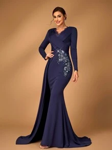 SHEIN Belle Đầm dệt kim co giãn thêu ren màu xanh navy thanh lịch và quý phái cho nữ, cổ chữ V, xếp ly xoắn phía trước, tay dài, viền đuôi cá, viền vá, trang trí đính vải, thích hợp làm váy cưới của mẹ, váy dự tiệc & dạ tiệc - Màu xanh hải quân - Xem 7