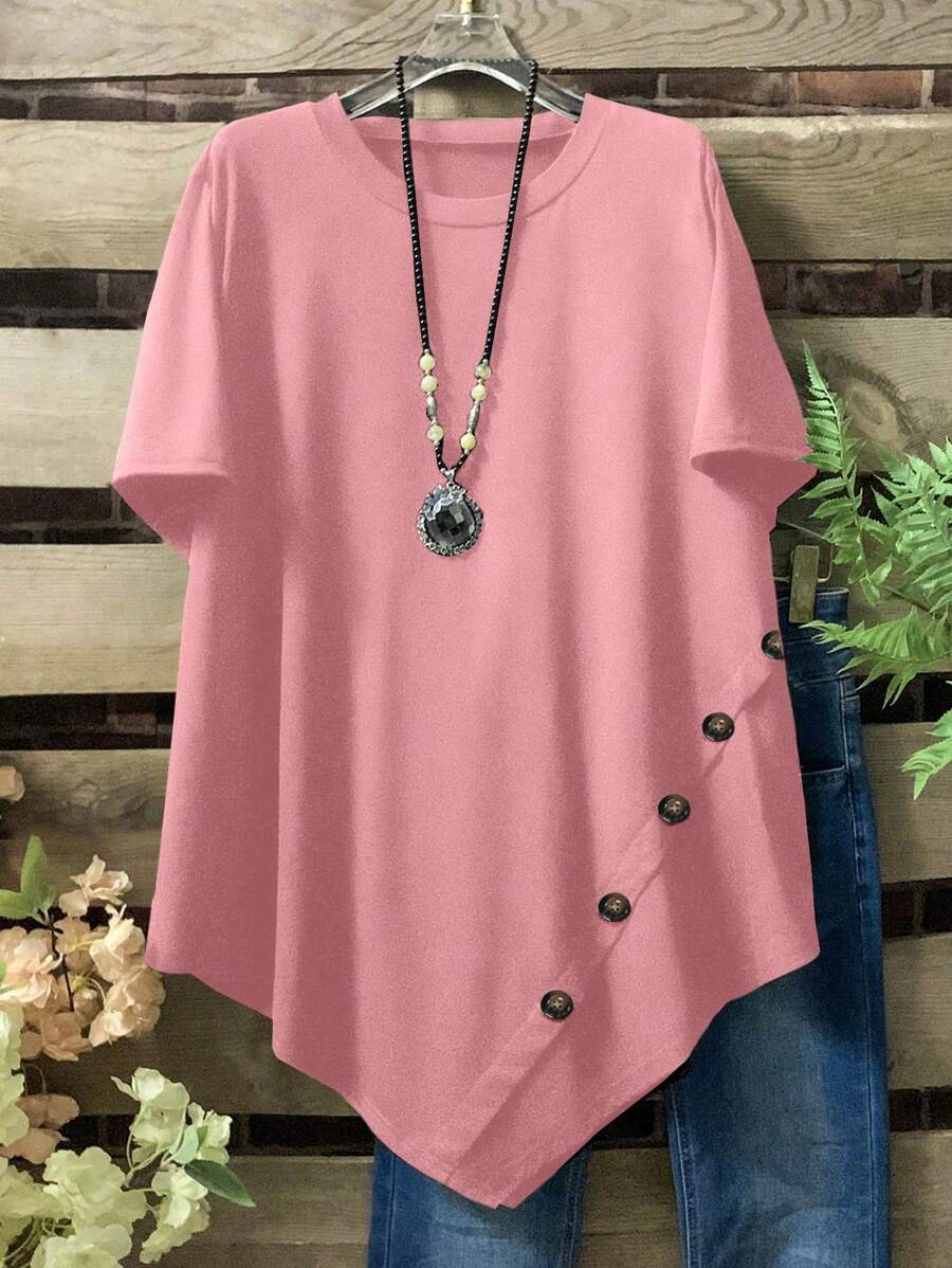 Linhara Plus Size Women Summer Solid Color Crew Neck Short Sleeve Button Decor Asymmetric Hem Casual T-Shirt - Pink - View 1