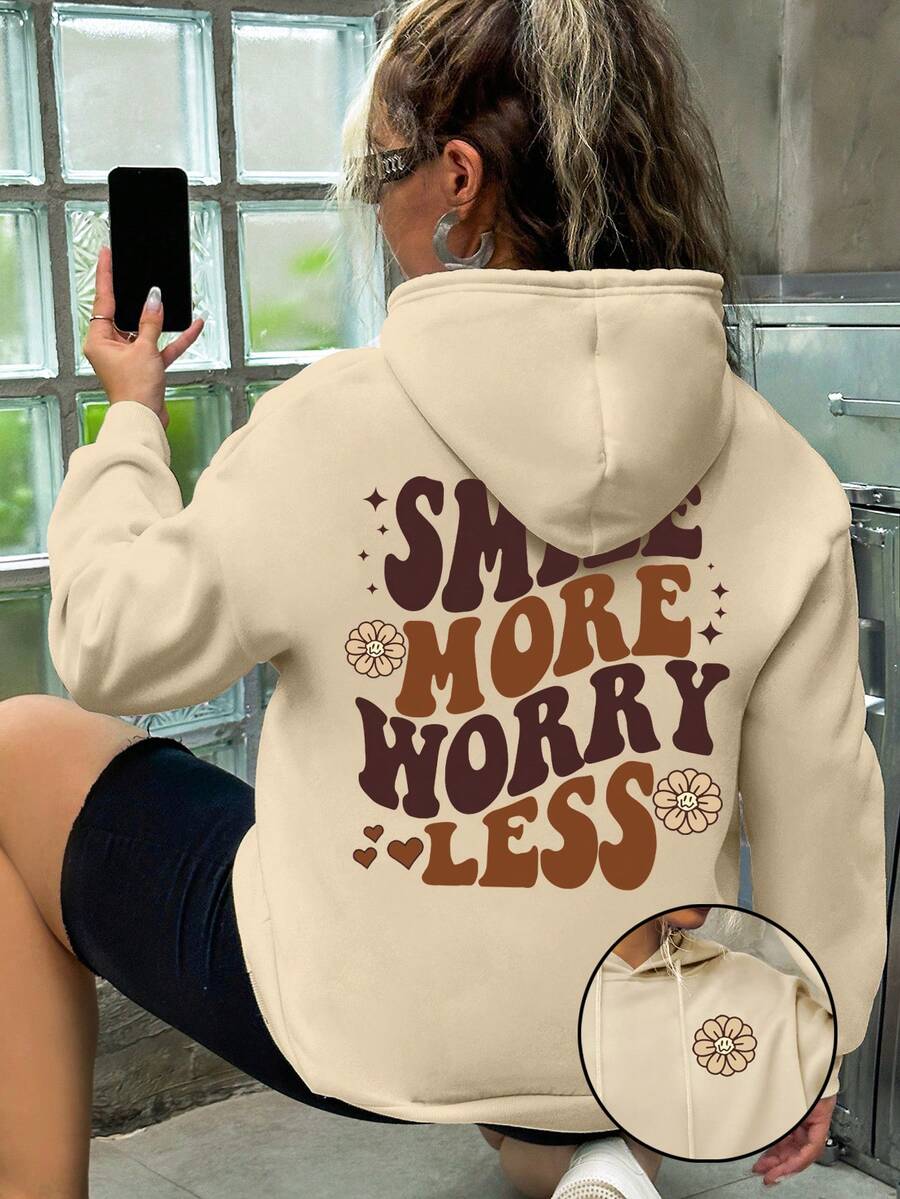 SHEIN EZwear 大码标语印花落肩卫衣 - 杏色 - 查看 1