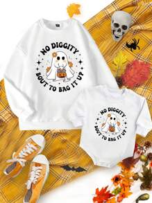 Baby Girl Fashion Halloween Elements Cartoon Pumpkin Basket Flower Ghost Letter Graphic Print Long Sleeve Romper