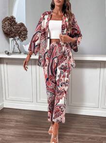 SHEIN LUNE Conjunto informal de 2 piezas con cárdigan y pantalones de mujer con estampado floral de manga 3/4, primavera y verano - Multicolor - Ver 5