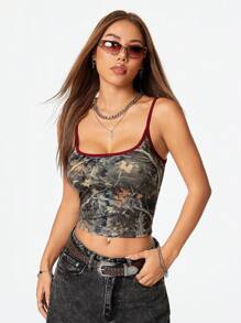SHEIN Coolane 女士复古枝叶迷彩印花拼接撞色无袖背心，街头时尚潮流 Y2K 风格