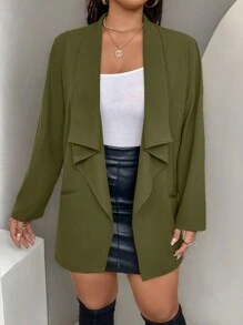 SHEIN Clasi Plus Solid Waterfall Collar Open Front Blazer - Green - View 5