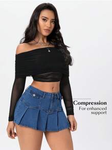 SHEIN EZwear Women Pleated Denim Mini Skirt, Low-Waisted, Summer - Medium Wash - View 4