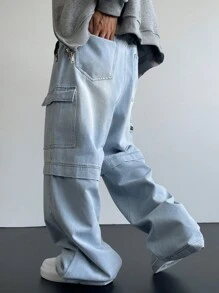 Manfinity EMRG Men's Light Blue Multi-Pocket Baggy Cargo Jeans