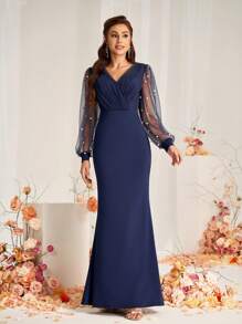 SHEIN Belle Váy dài tay cổ chữ V bằng vải lưới dệt kim màu xanh navy thanh lịch dành cho nữ có đính ngọc trai, phù hợp cho trang phục trang trọng phù dâu tiệc cưới - Màu xanh hải quân - Xem 4