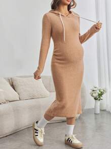 SHEIN Áo nỉ trùm đầu màu trơn cho bà bầu, tay dài có dây rút, váy thu/đông - Màu Khaki - Xem 4