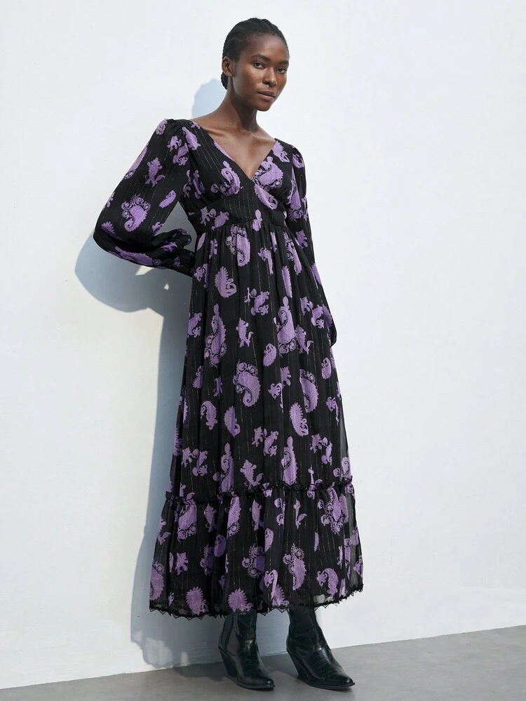 SHEIN Maija Women Casual V-Neck Lantern Sleeve Dress With Paisley Floral Print