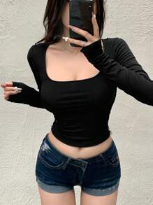 DAZY 蕾丝拼布系带修身女式 T 恤透明长袖女式上衣